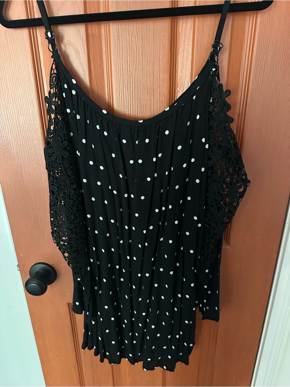 Women’s Black Polka Dot Cold-Shoulder Top with Crochet Trim